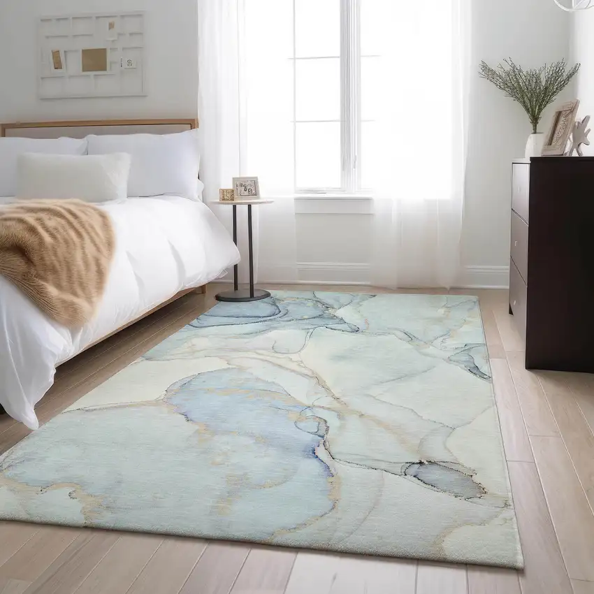Sky Blue And Ivory Abstract Washable Area Rug With UV Protection Photo 4