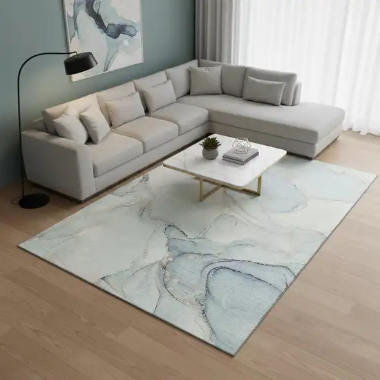 Sky Blue And Ivory Abstract Washable Area Rug With UV Protection Photo 2