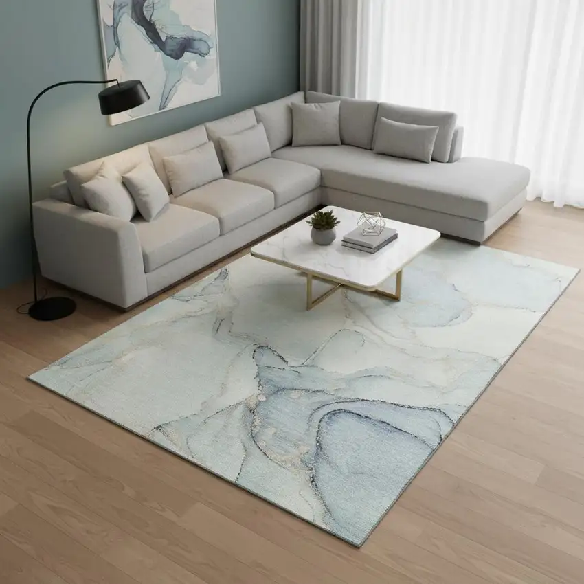 Sky Blue And Ivory Abstract Washable Area Rug With UV Protection Photo 2