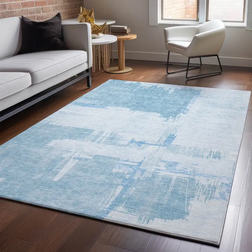 Sky Blue And Ivory Abstract Washable Area Rug With UV Protection Photo 4