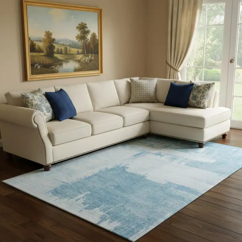 Sky Blue And Ivory Abstract Washable Area Rug With UV Protection Photo 1