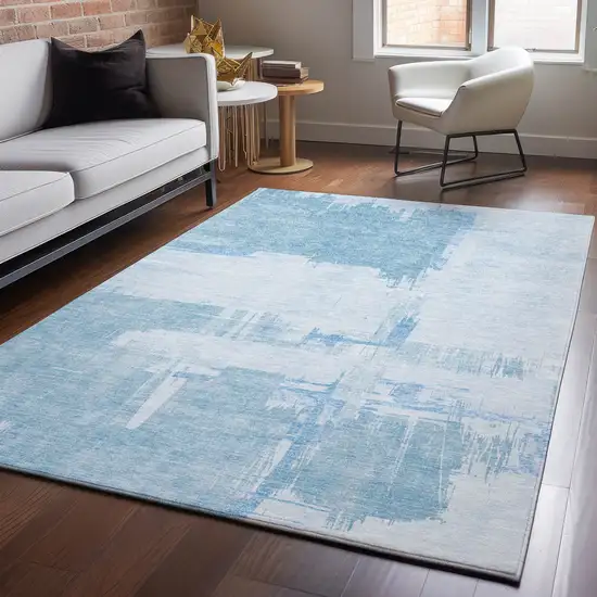 Sky Blue And Ivory Abstract Washable Area Rug With UV Protection Photo 4