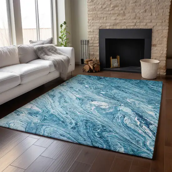 Sky Blue And Ivory Abstract Washable Area Rug With UV Protection Photo 6