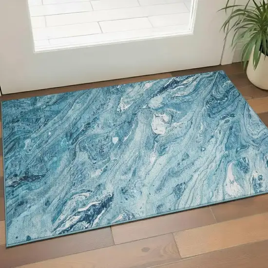 Sky Blue And Ivory Abstract Washable Area Rug With UV Protection Photo 1
