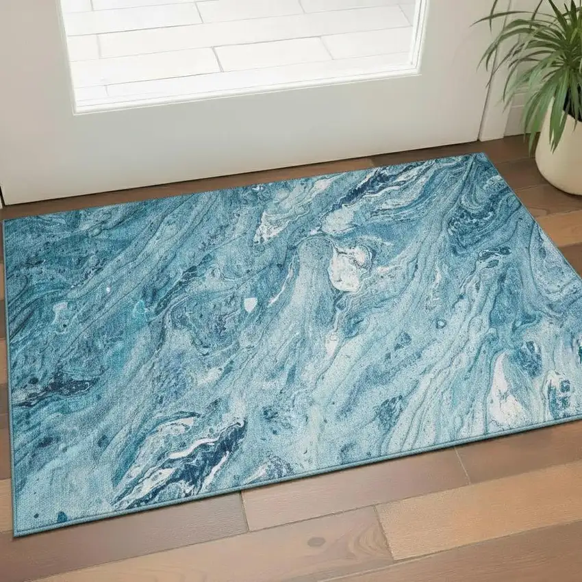 Sky Blue And Ivory Abstract Washable Area Rug With UV Protection Photo 1