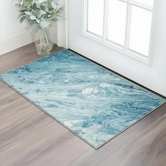 Sky Blue And Ivory Abstract Washable Area Rug With UV Protection Photo 2