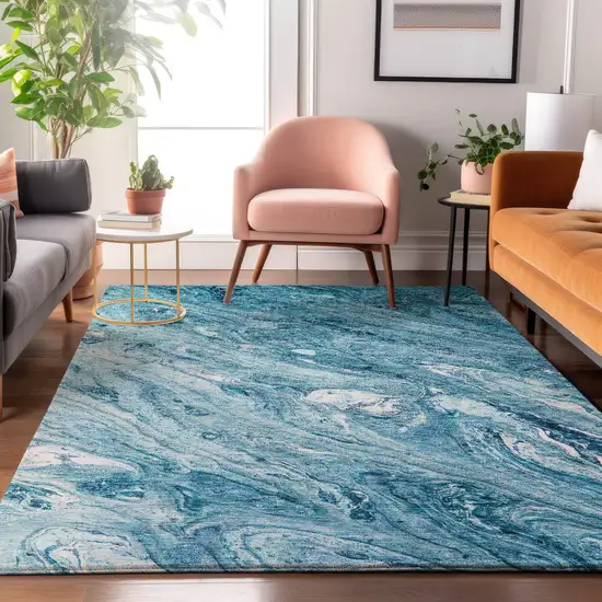 Sky Blue And Ivory Abstract Washable Area Rug With UV Protection Photo 5
