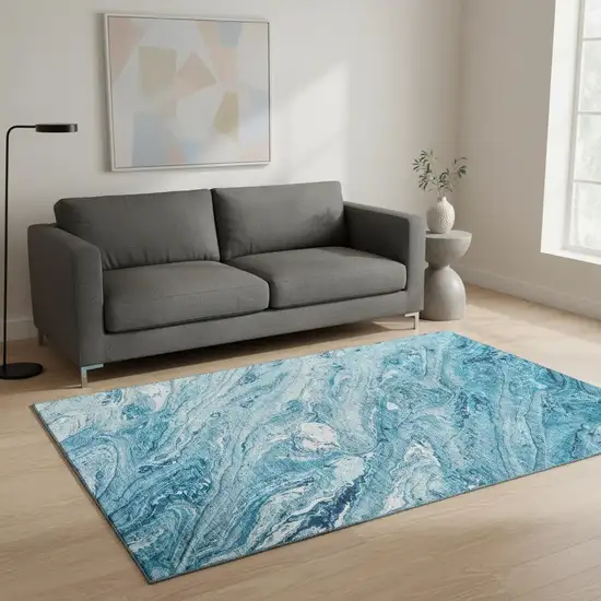 Sky Blue And Ivory Abstract Washable Area Rug With UV Protection Photo 2