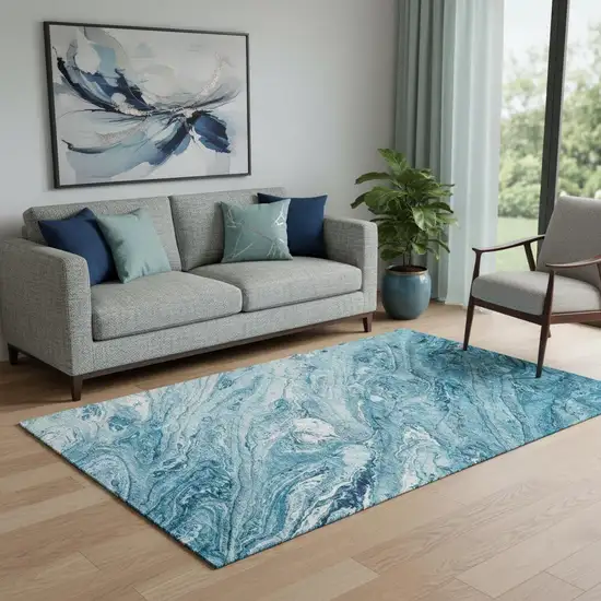 Sky Blue And Ivory Abstract Washable Area Rug With UV Protection Photo 1