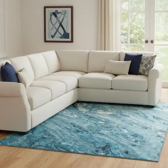 Sky Blue And Ivory Abstract Washable Area Rug With UV Protection Photo 1
