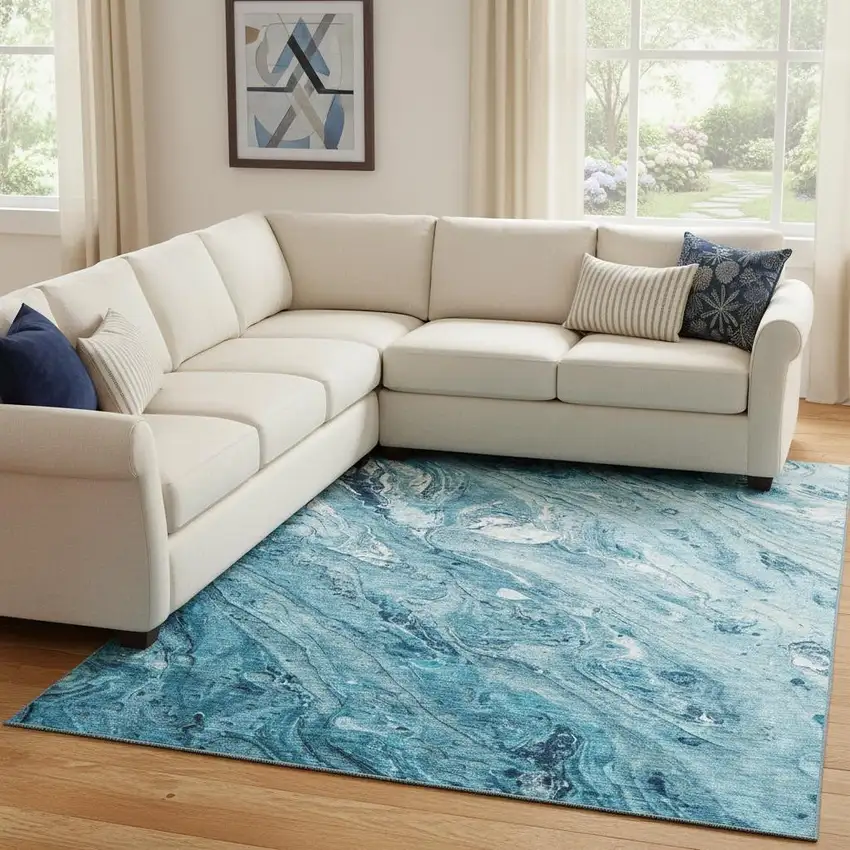 Sky Blue And Ivory Abstract Washable Area Rug With UV Protection Photo 1