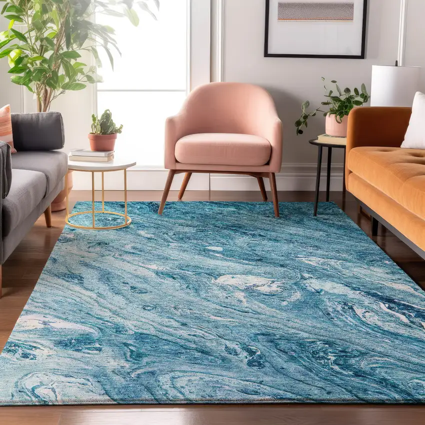 Sky Blue And Ivory Abstract Washable Area Rug With UV Protection Photo 5