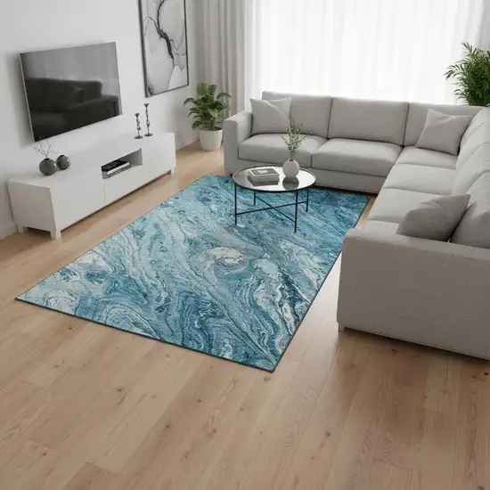 Sky Blue And Ivory Abstract Washable Area Rug With UV Protection Photo 2