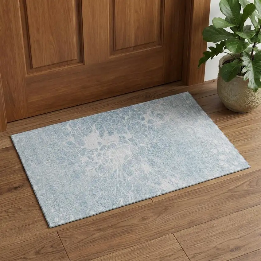 Sky Blue And Ivory Abstract Washable Area Rug With UV Protection Photo 1