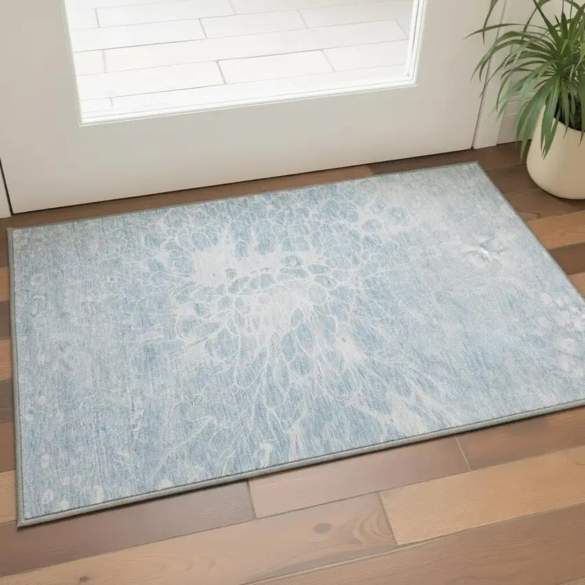 Sky Blue And Ivory Abstract Washable Area Rug With UV Protection Photo 3