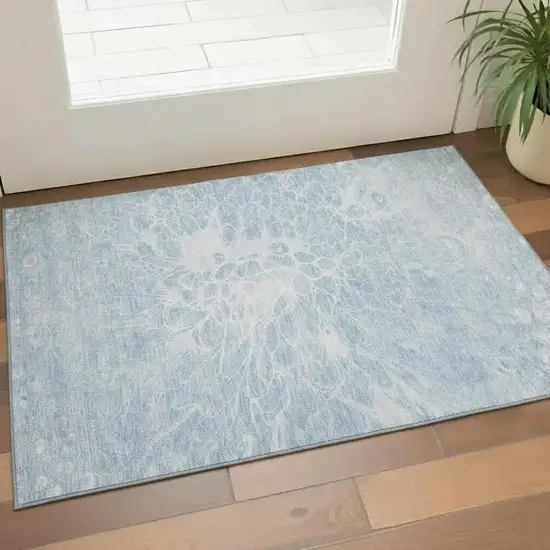 Sky Blue And Ivory Abstract Washable Area Rug With UV Protection Photo 1
