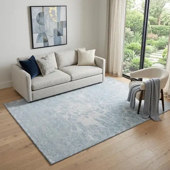 Sky Blue And Ivory Abstract Washable Area Rug With UV Protection Photo 1