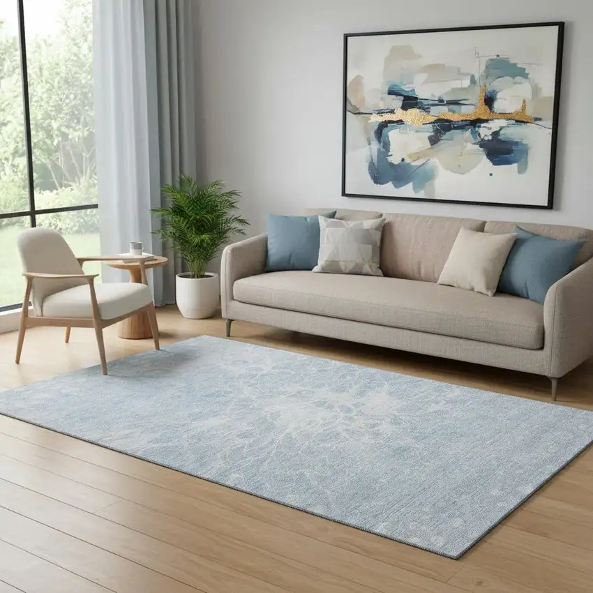 Sky Blue And Ivory Abstract Washable Area Rug With UV Protection Photo 1