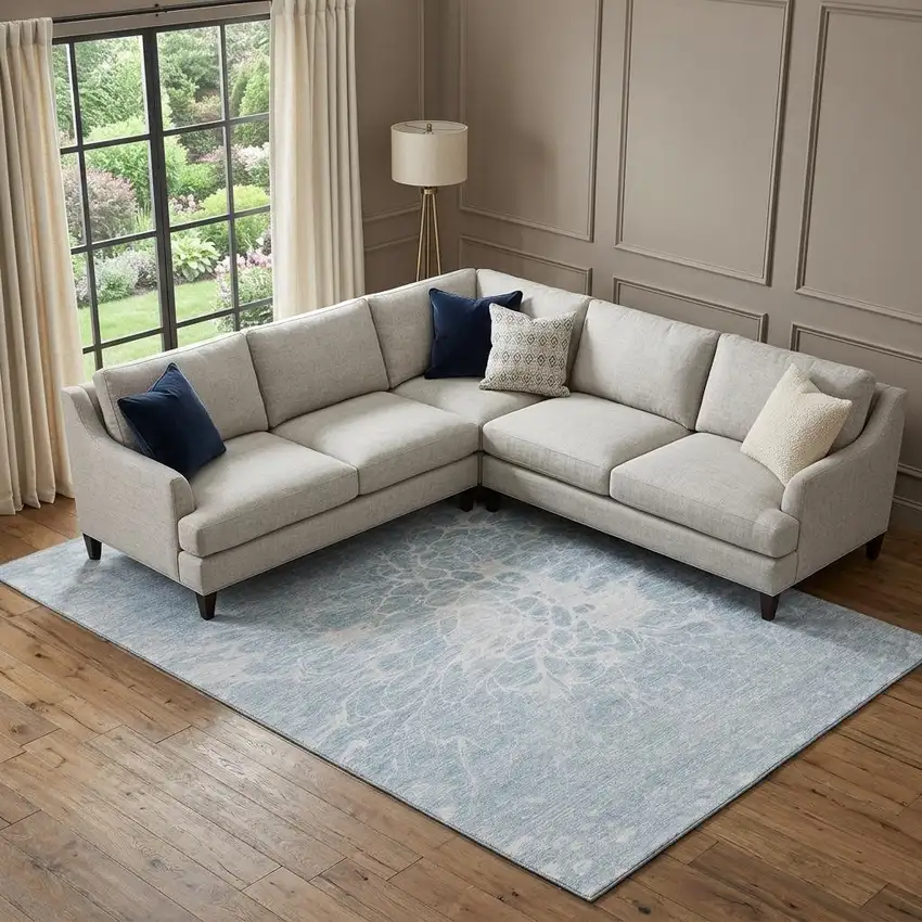 Sky Blue And Ivory Abstract Washable Area Rug With UV Protection Photo 1