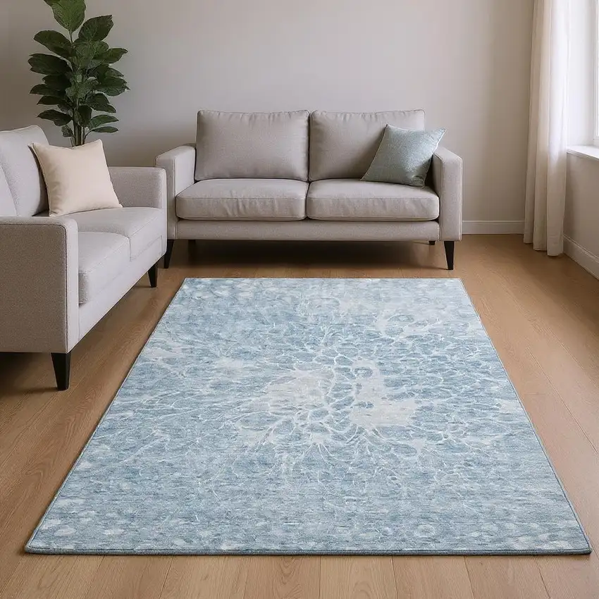 Sky Blue And Ivory Abstract Washable Area Rug With UV Protection Photo 2