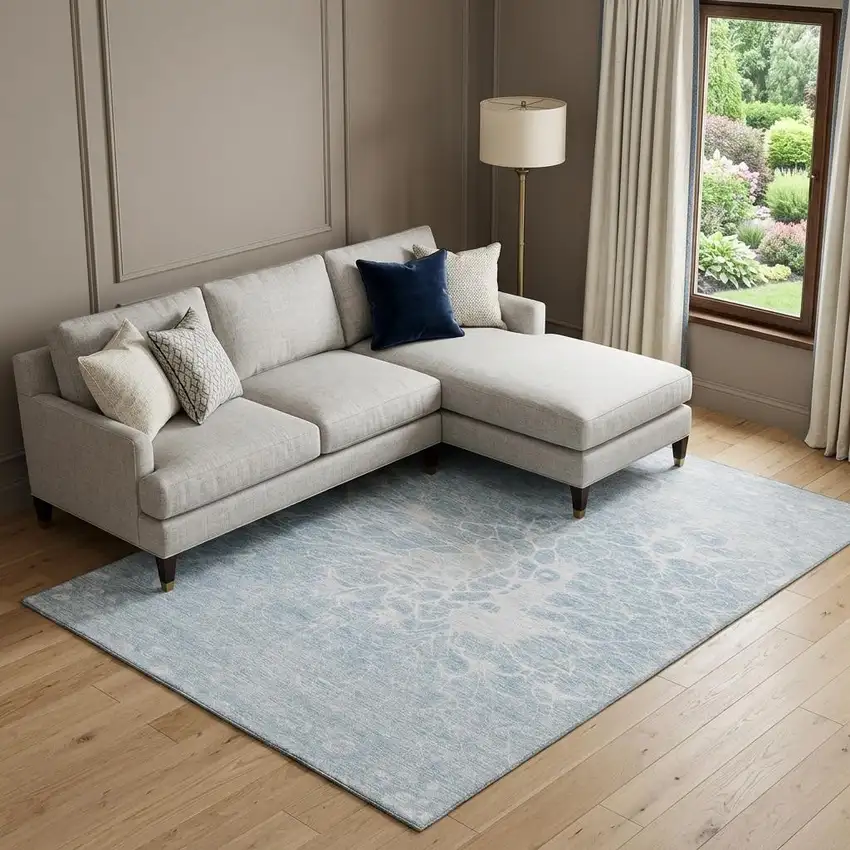 Sky Blue And Ivory Abstract Washable Area Rug With UV Protection Photo 1