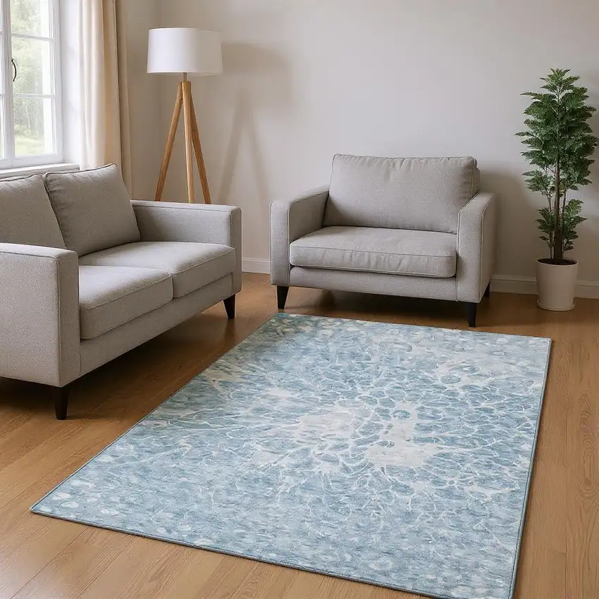 Sky Blue And Ivory Abstract Washable Area Rug With UV Protection Photo 2