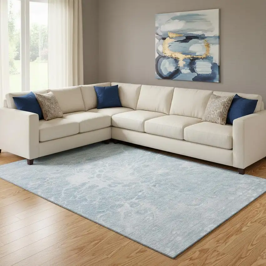 Sky Blue And Ivory Abstract Washable Area Rug With UV Protection Photo 1