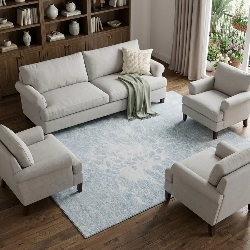 Sky Blue And Ivory Abstract Washable Area Rug With UV Protection Photo 1