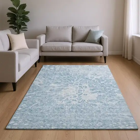 Sky Blue And Ivory Abstract Washable Area Rug With UV Protection Photo 2