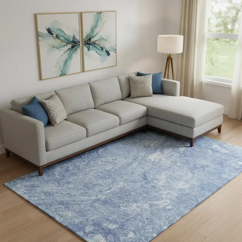 Sky Blue And Ivory Abstract Washable Area Rug With UV Protection Photo 1