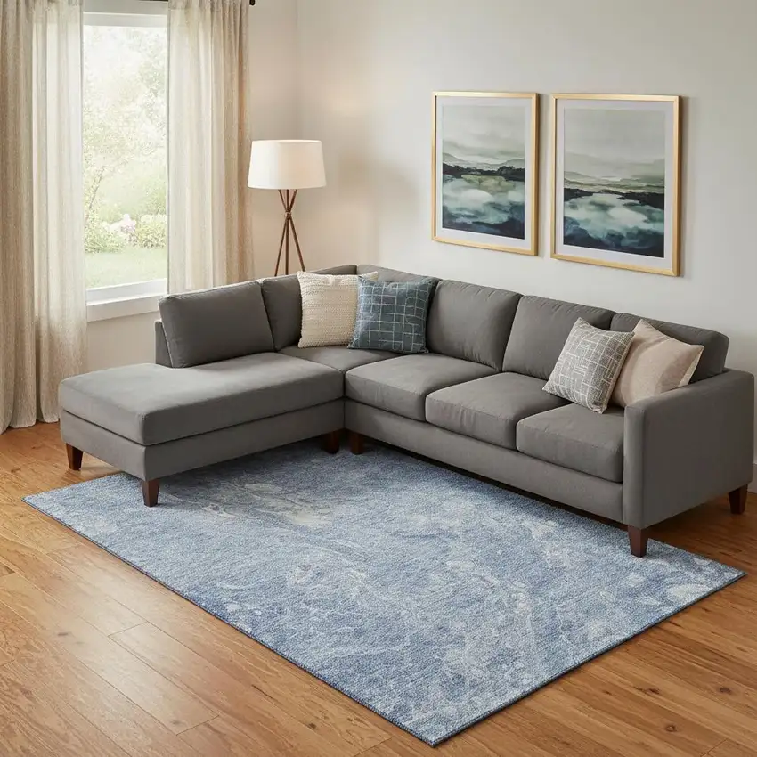 Sky Blue And Ivory Abstract Washable Area Rug With UV Protection Photo 1