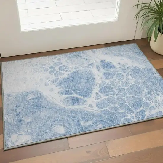 Sky Blue And Ivory Abstract Washable Area Rug With UV Protection Photo 2