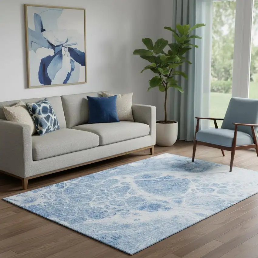 Sky Blue And Ivory Abstract Washable Area Rug With UV Protection Photo 1