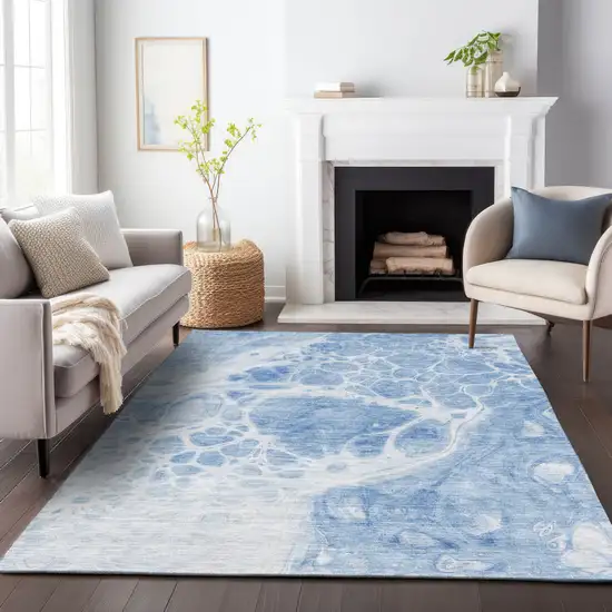 Sky Blue And Ivory Abstract Washable Area Rug With UV Protection Photo 4