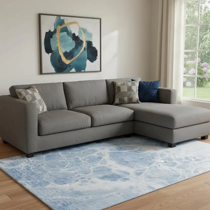 Sky Blue And Ivory Abstract Washable Area Rug With UV Protection Photo 1