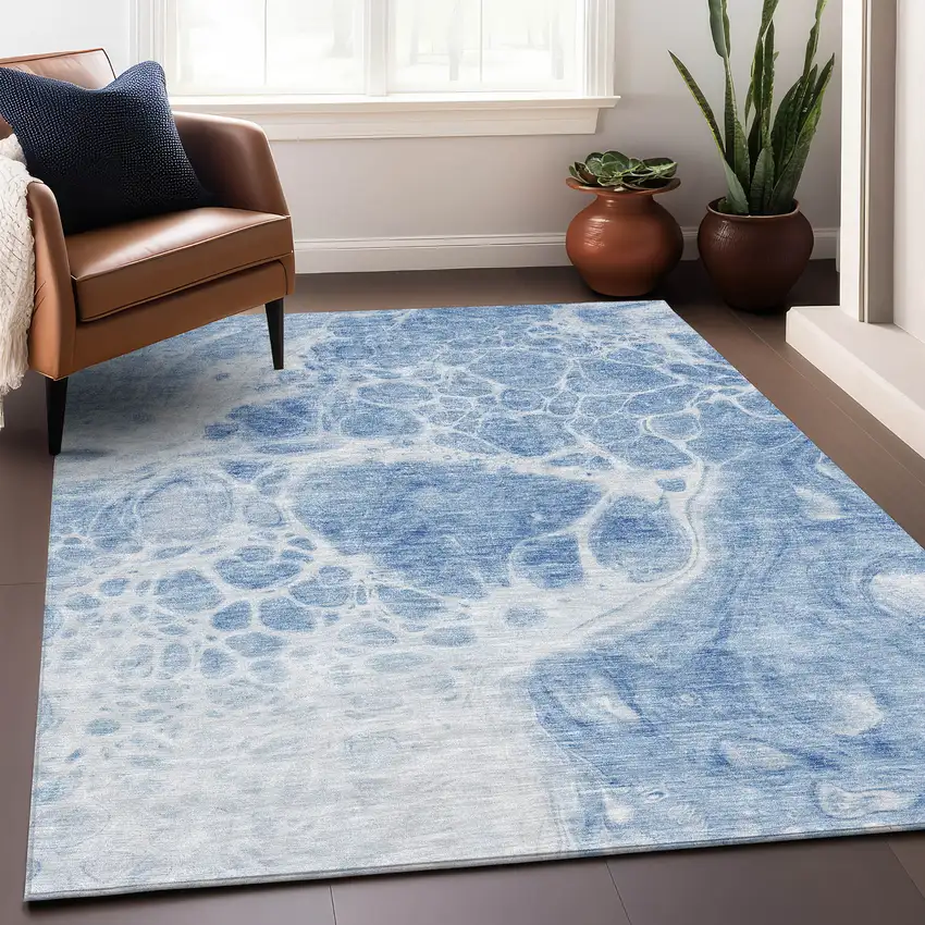 Sky Blue And Ivory Abstract Washable Area Rug With UV Protection Photo 4