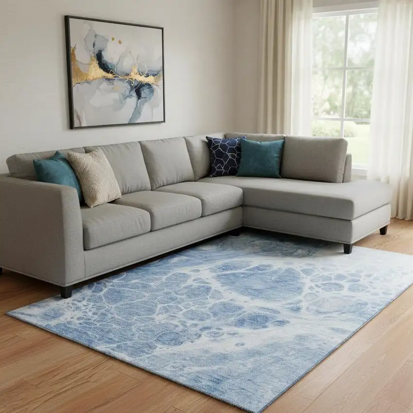 Sky Blue And Ivory Abstract Washable Area Rug With UV Protection Photo 1