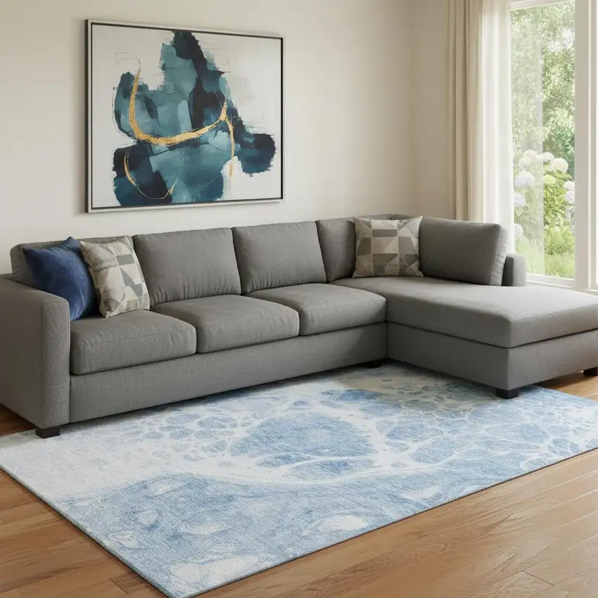 Sky Blue And Ivory Abstract Washable Area Rug With UV Protection Photo 1