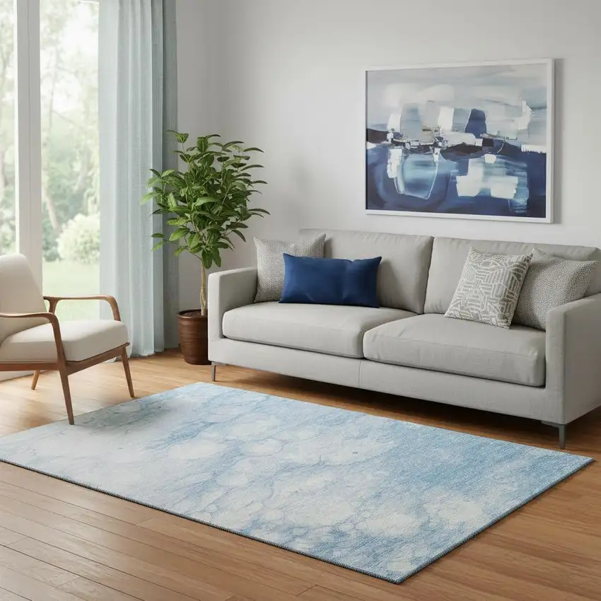 Sky Blue And Ivory Abstract Washable Area Rug With UV Protection Photo 1