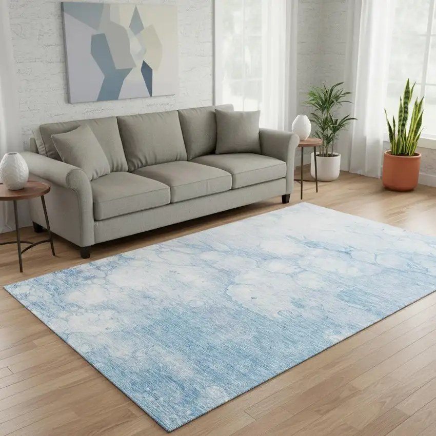 Sky Blue And Ivory Abstract Washable Area Rug With UV Protection Photo 1