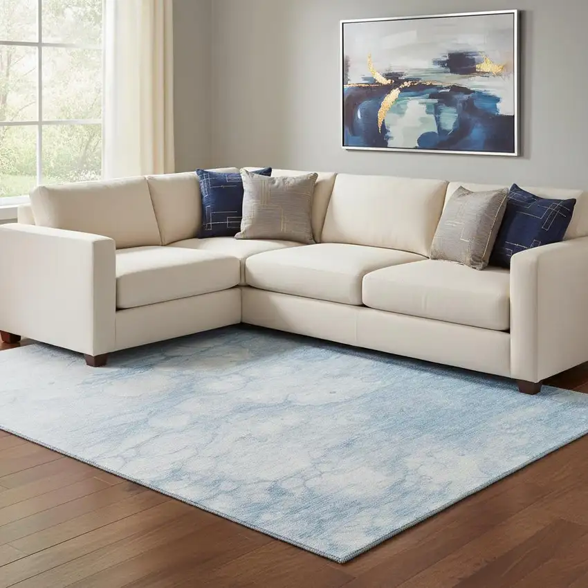 Sky Blue And Ivory Abstract Washable Area Rug With UV Protection Photo 1