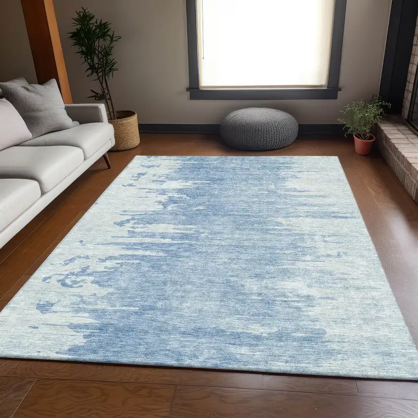 Sky Blue And Ivory Abstract Washable Area Rug With UV Protection Photo 3