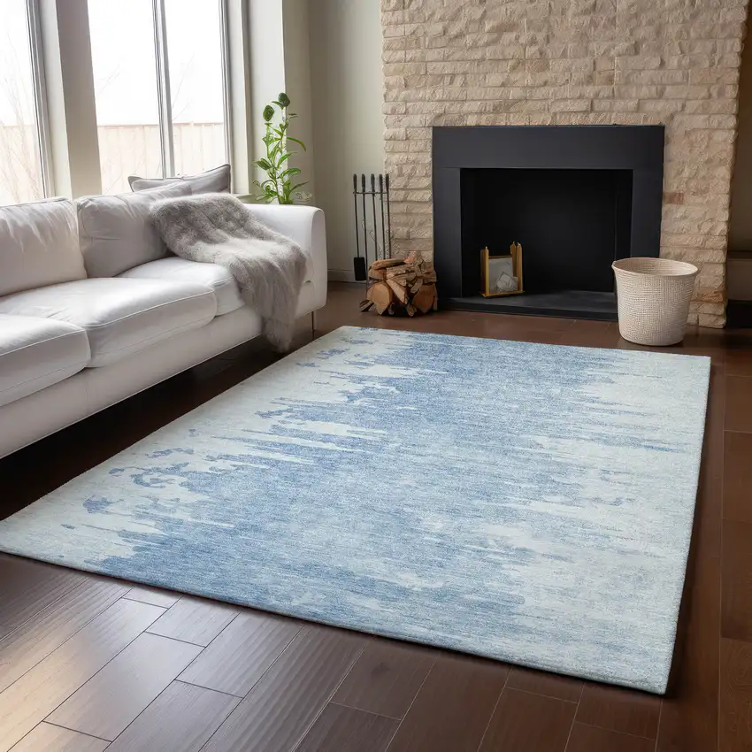 Sky Blue And Ivory Abstract Washable Area Rug With UV Protection Photo 4