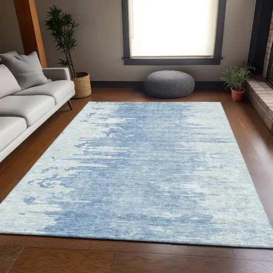 Sky Blue And Ivory Abstract Washable Area Rug With UV Protection Photo 3
