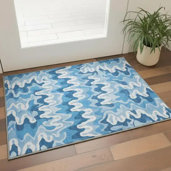 Sky Blue And Ivory Abstract Washable Area Rug With UV Protection Photo 2