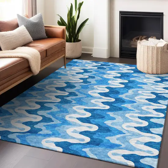 Sky Blue And Ivory Abstract Washable Area Rug With UV Protection Photo 6