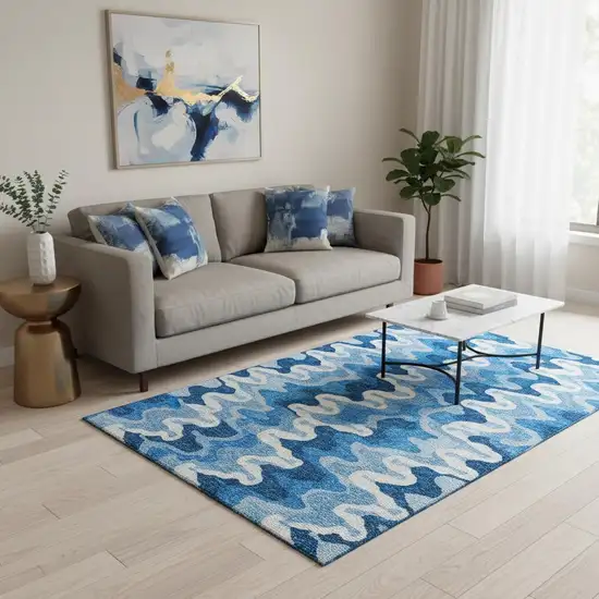 Sky Blue And Ivory Abstract Washable Area Rug With UV Protection Photo 2