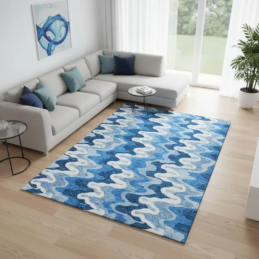 Sky Blue And Ivory Abstract Washable Area Rug With UV Protection Photo 2