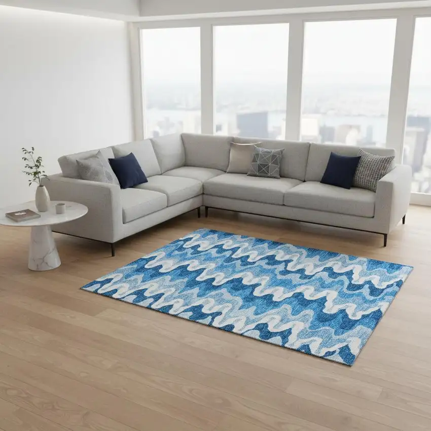 Sky Blue And Ivory Abstract Washable Area Rug With UV Protection Photo 2