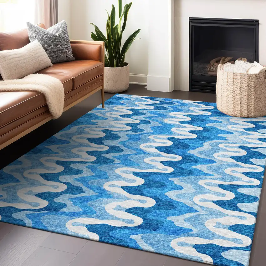 Sky Blue And Ivory Abstract Washable Area Rug With UV Protection Photo 6